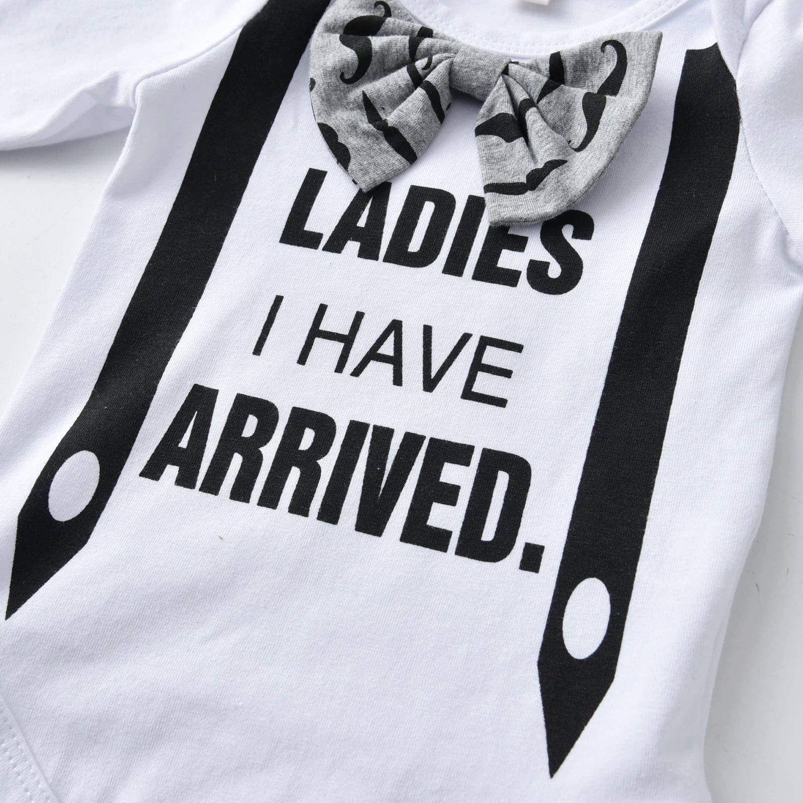 Newborn Baby Boy Clothes Long Sleeve Bow "Ladies I Have Arrived" Romper + Moustache Printed Pants+Hat Infant Boys Outfits Set