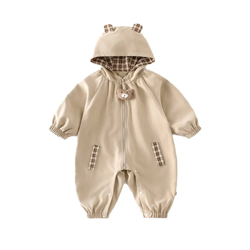 2025 Fall Baby Hooded Romper - Korean Style Plaid Jumpsuit for Newborns & Infants