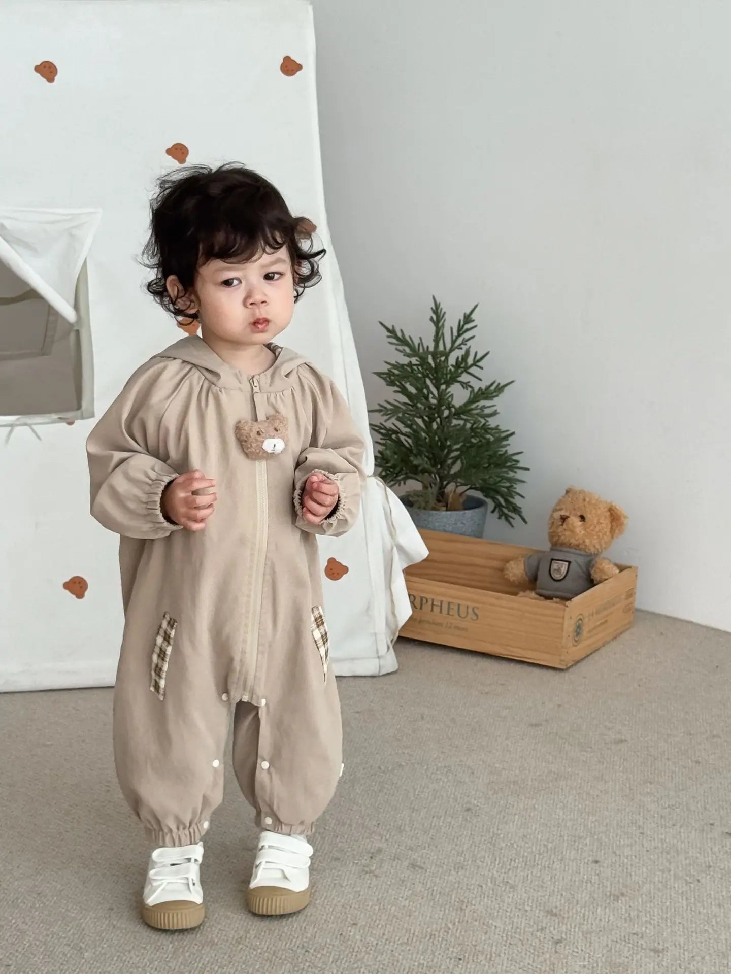 2025 Fall Baby Hooded Romper - Korean Style Plaid Jumpsuit for Newborns & Infants