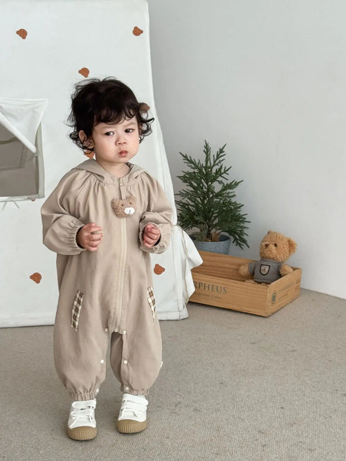 2025 Fall Baby Hooded Romper - Korean Style Plaid Jumpsuit for Newborns & Infants