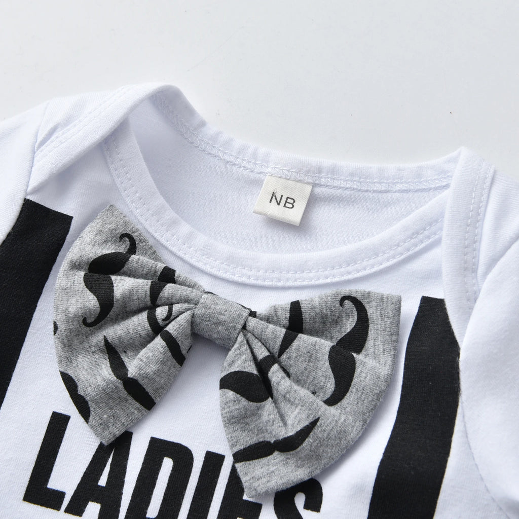 Newborn Baby Boy Clothes Long Sleeve Bow "Ladies I Have Arrived" Romper + Moustache Printed Pants+Hat Infant Boys Outfits Set